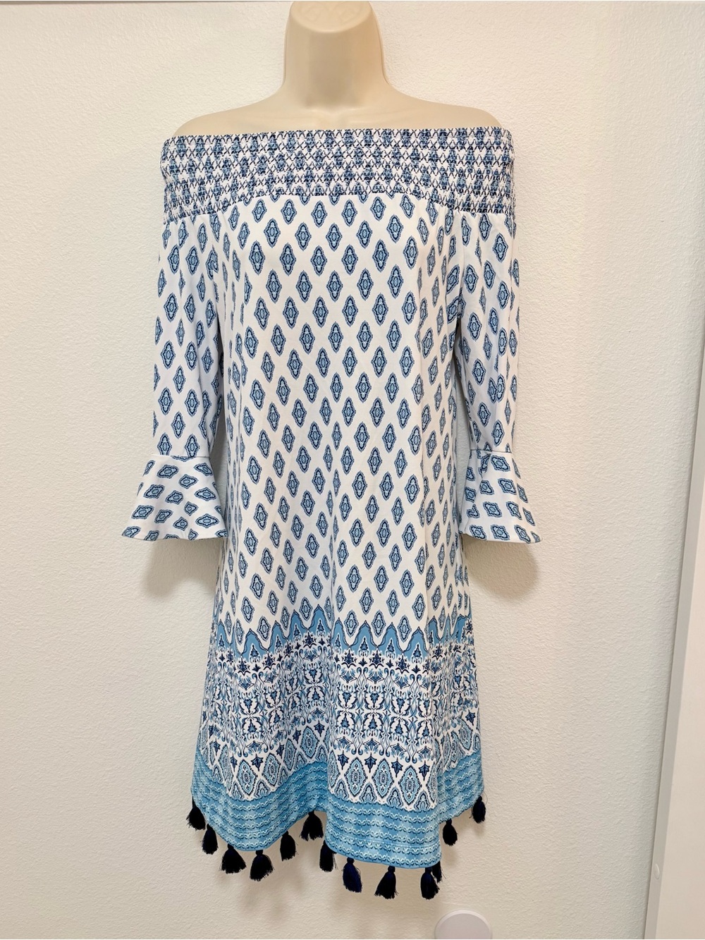 Cabana Life Off the Shoulder Dress Sz Small Blue Tropical Beach Vacation Coastal